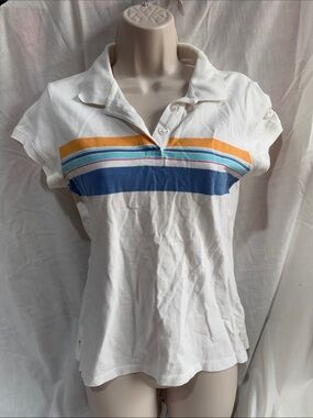 Y2K Aeropostale White Polo Top with Blue and Yellow Stripes - Women's